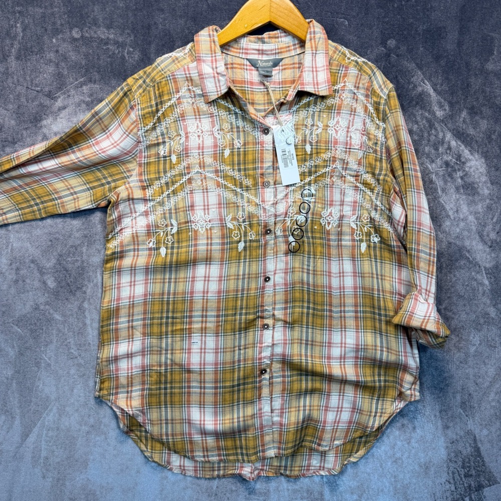 Natural Reflections Plaid Embroidered Shirt Women L Spruce Yellow Boho Western